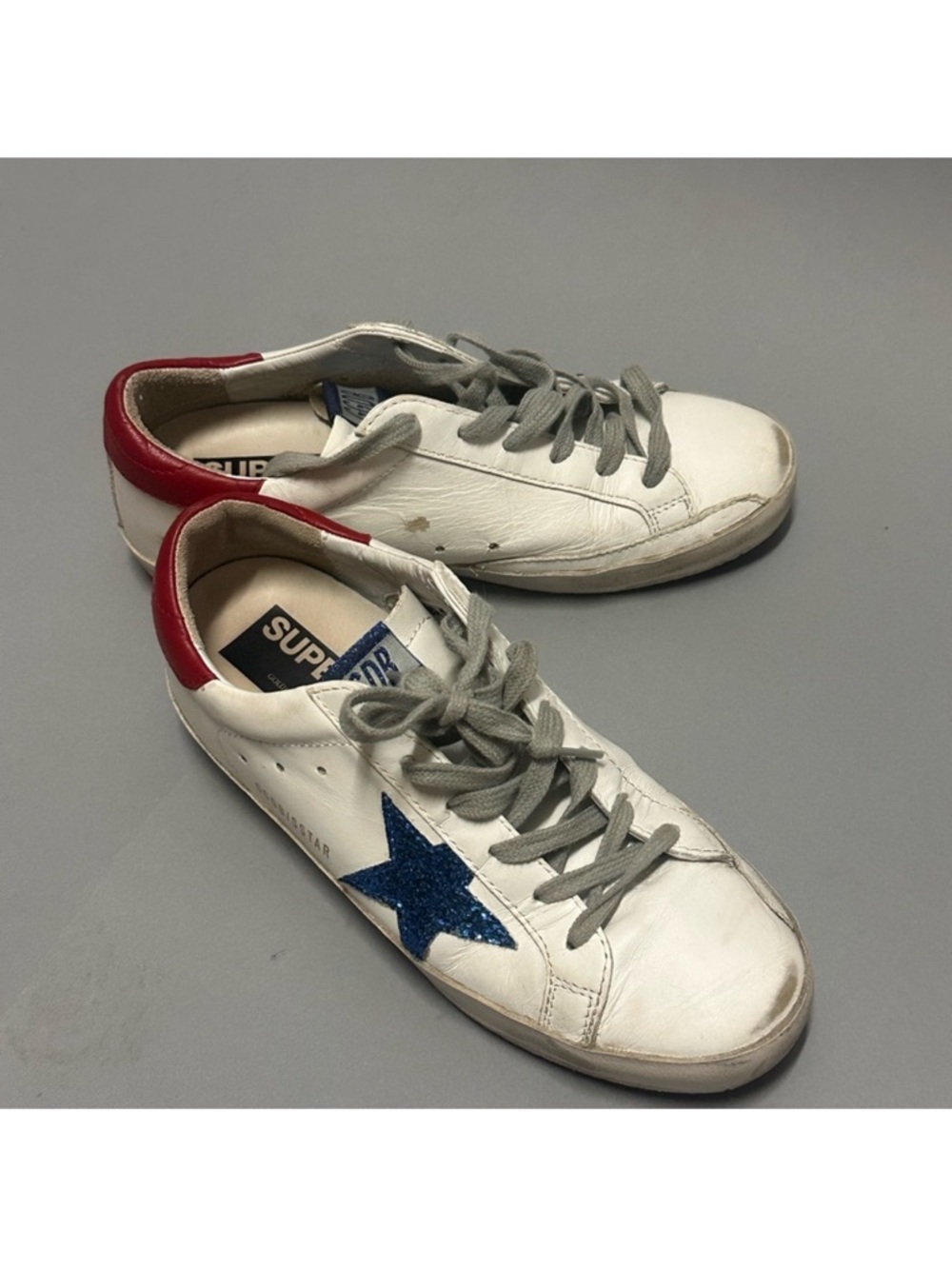 Golden Goose Style White Leather Sneakers with Blue Glitter Star & Red Heel - Picture 3 of 11